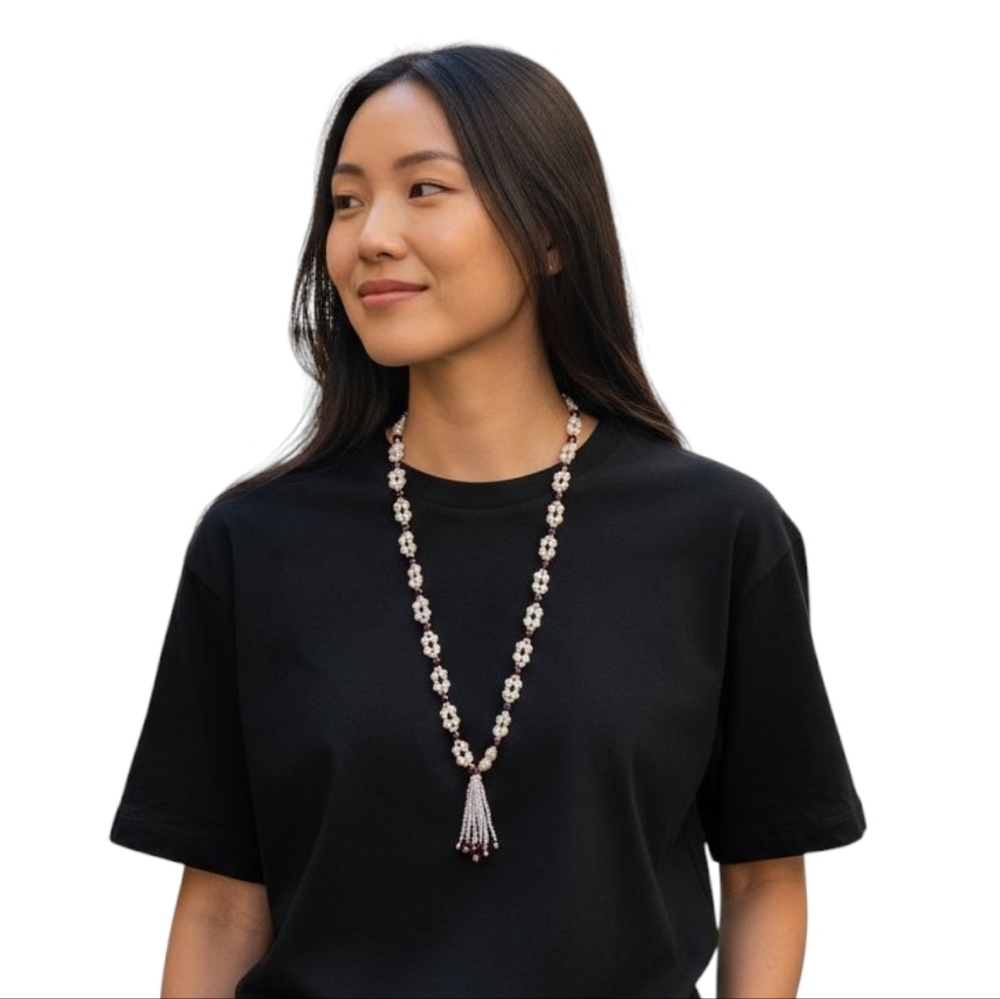 70s Vintage Faux Pearl Necklace With Tassel Details